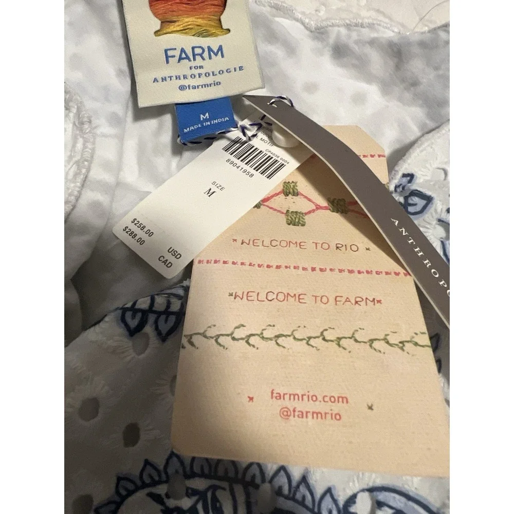 Farm Rio $258 One Shoulder Eyelet Midi‎ Dress White Blue Asymmetric Boho Resort